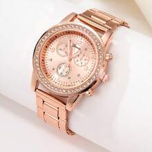 1pc Geneva Casual Elegant Stainless Steel Band Rhinestone Decoration Watch - Rose Gold - View 1