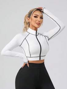 Women Colorblock Splice Sporty Jacket, Short Fitted Elastic Zip-Up Track Jacket For Running, Fitness, Yoga