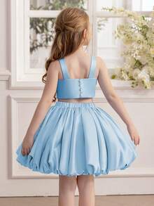 两件套年轻女孩优雅蓝色 3D 花朵装饰细肩带连衣裙套装，适合生日派对、婚礼花童、学校表演、重要场合和节日