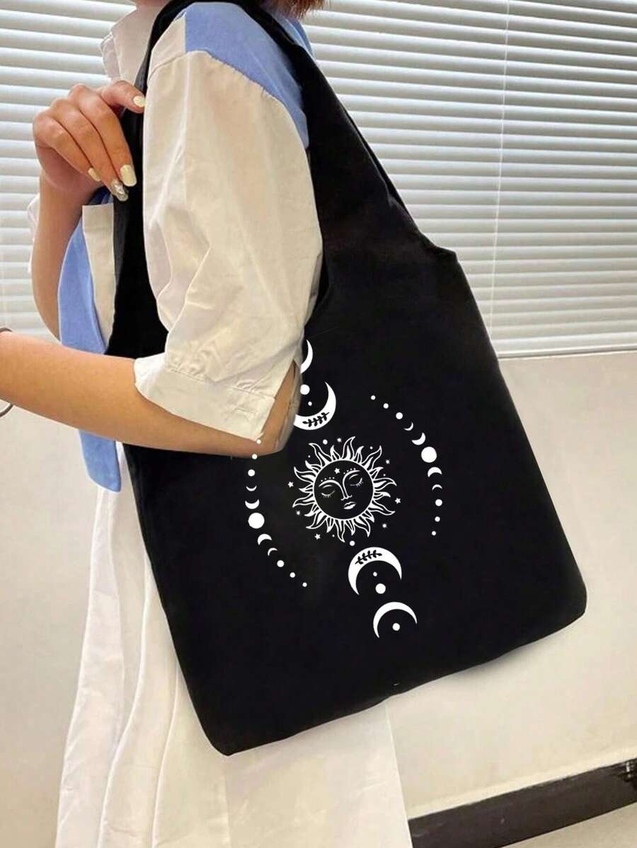 日月星辰印花帆布手提袋，白色图案黑色背心式手提包，黑色小巧化妆包/零钱包/收纳袋，情人节礼物，伴娘个性化婚礼礼品袋