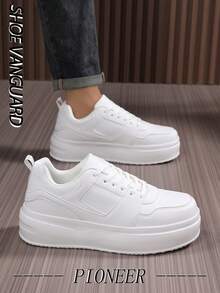 Men's Classic Solid Color Leather Splicing Thick-Sole Shock-Absorbing Flat Non-Slip Sneakers, Outdoor Classic Street Cool Daily Versatile Solid Color Casual Shoes - White - View 6