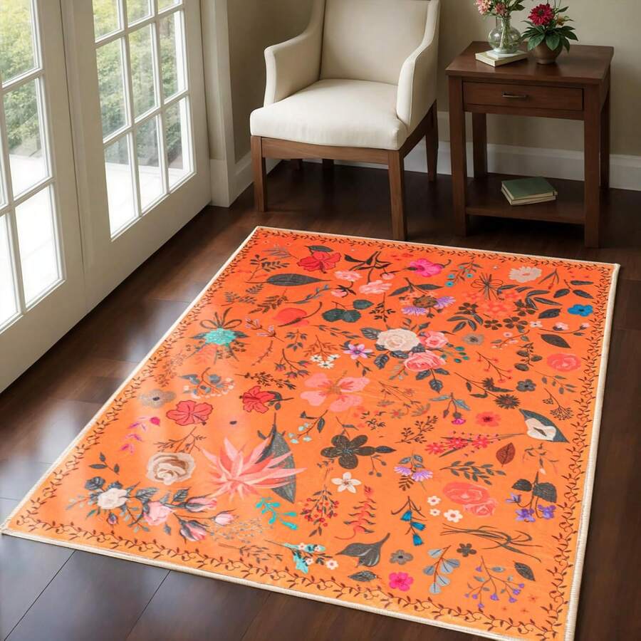 Area Rug For Living Room, Low Pile Non Slip Floral Printing Carpet, Washable Rug For Bedroom Dining Room Playroom Office - trái cam - Xem 1