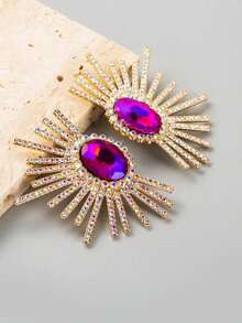 juran 1 对创意时尚水钻几何喇叭形耳钉，适合女士 - 玫紅色 - 查看 1