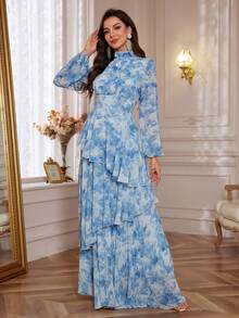 Women's Floral Print Stand Collar Lantern Sleeve Ruffled Hem Long Elegant Dress - Blue - View 4