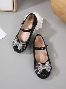 Girls Shiny Sequin Bow Party & Wedding Dance Flat Shoes - 黑色 - 查看 2