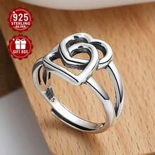 1pc 925 Sterling Silver Wedding Ring, Low Allergy Vintage Creative Double Layer Stacked Love Open Ring, Style, Suitable For Gifting, Unisex Couple Ring (Contains Approx 3g Silver) - Silver - View 2