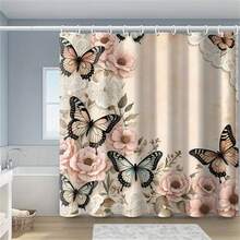 1 pieza Cortina de ducha con estampado de mariposa rosa - 100% tela de poliéster, lavable a máquina, decoración de baño para todas las estaciones, patrón vibrante de flores y mariposas, adecuado para baños modernos, fácil instalación, accesorio de baño de otoño, esencial para volver al colegio - Multicolor - Ver 5