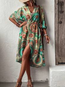 Women's Bohemian Vacation Casual/Long Allover Print Cover Up, Lightweight Allover Print Shawl Wrap Sunscreen Coat, Women Beach Cover Up With Belt, Ideal For Spring/Summer/Autumn