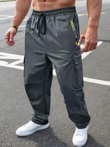 Men's Drawstring Elastic Waist Zipper Pocket Casual Pants, Outdoor Sports Straight Leg Cargo Trousers, Spring/Autumn - Grey - View 2