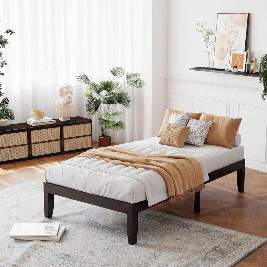 Cama de plataforma de madera de 14 pulgadas, base de colchón de estilo minimalista con madera de caucho sólida, soporte de listones de madera resistente, sin cabecera, fácil montaje, sin necesidad de caja de resortes, nogal - Café exprés - Ver 1