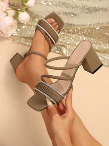 Women's Faux Leather Strap Slide Sandals, New Summer Fashion Chunky Heel Korean Style High Heel Outdoor Slippers, Apricot Color Suitable For Business, Commute, Party, Shopping, Dating, Vacation - Camel - View 2