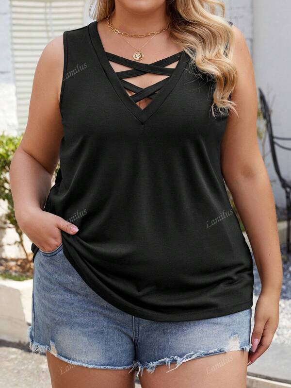 Camiseta de verano informal de mujer de talla grande con cuello en V cruzado y sin mangas