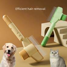 1pc Self-Cleaning Cat Brush - Stainless Steel Dual Length Flea Comb & Deshedding Tool With One-Click Release Button, Rust-Resistant Light Beige, Removes Loose Hair & Prevents Shedding, Ergonomic Handle Design, Medical-Grade Stainless Steel Material