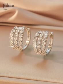 Hihho 1 Pair Fashionable Vintage Multilayer Line Zirconia Embedded Earrings, Classic Triple Row Hollow Women Stud Earrings, Available In Gold And Silver, Suitable For Gifts, Daily Wear And Parties - Earrings - View 3