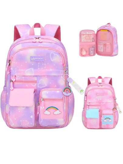 1 件轻便大容量女孩背包，粉色和紫色背包，书包，户外旅行包，多口袋休闲时尚包，返校必备，理想的生日礼物，适合上学、旅行、日常使用