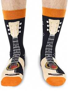 2 Pairs Men's Music Cartoon Guitar And Beer Print Stylish Crew Socks, Holiday Gift Socks