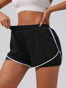 Shorts de yoga de cintura alta elástica para mujer, shorts de correr y fitness de color contrastante de dos en uno con bolsillos
