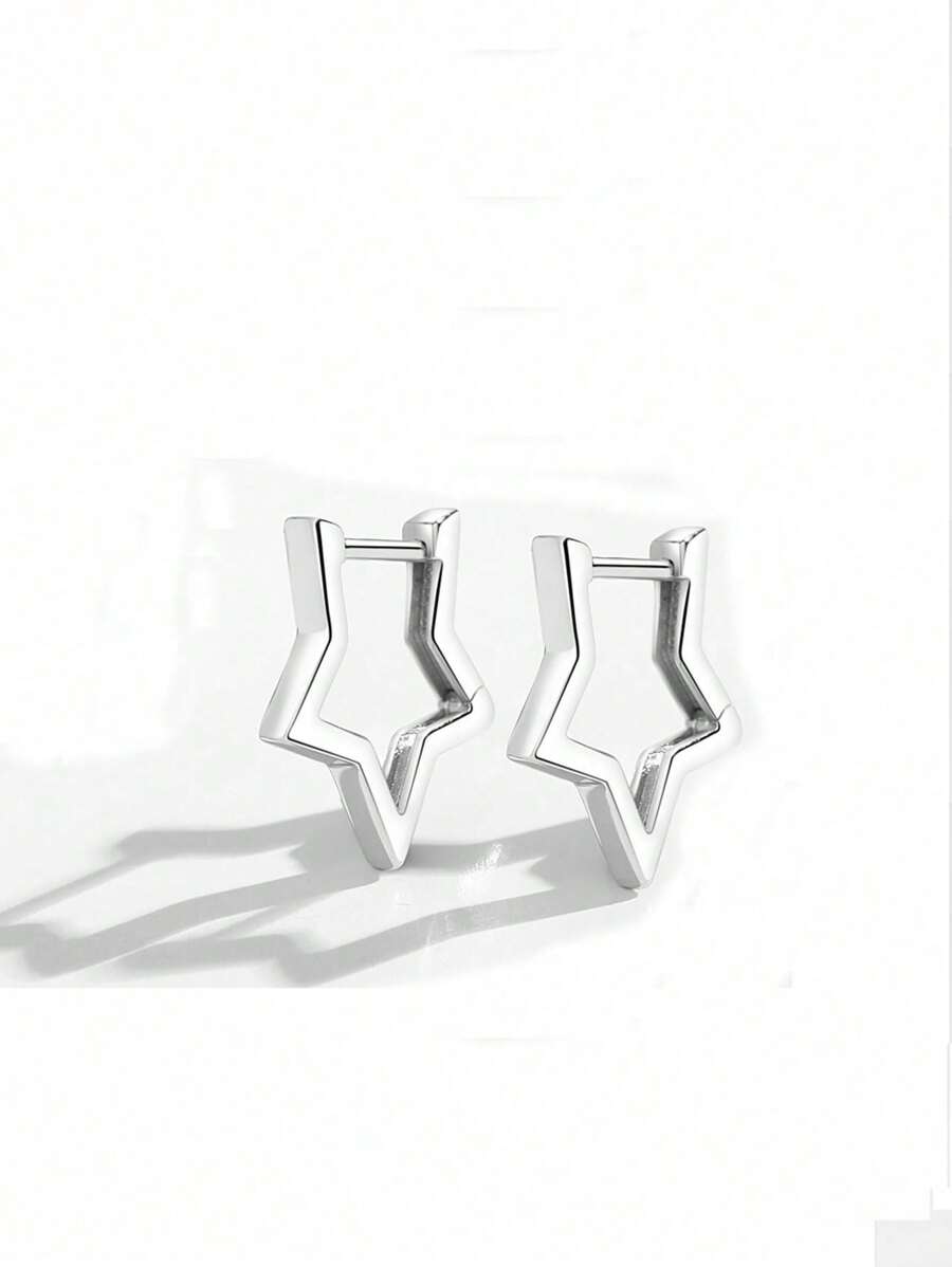 TONGZHE 1 Pair 925 Sterling Silver Star Shaped Hoop Earrings, Minimalist Jewelry For Women
