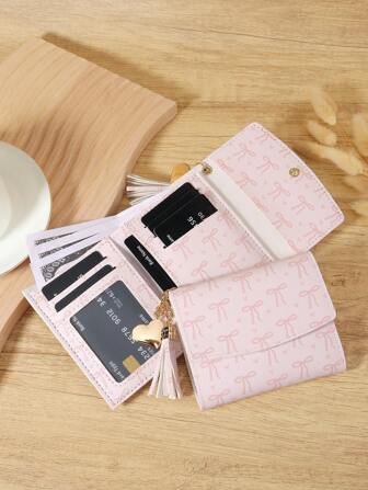 粉色蝴蝶结爱心图案折叠小钱包口袋钱包小钱包双折超薄女士钱包轻便便携信用卡钥匙包短款钱包可爱现代时尚生日礼物圣诞周年纪念女士女孩女士、商务、周年纪念、圣诞节、情人节、生日礼物、礼物、爱人、女士、女士、学校用品包、宿舍和返校