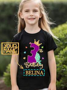 Birthday Number Crown Customized Name Print Girl T-Shirt, Girls Tween Girl Sports Tops Short Sleeve, Fast Delivery, Black