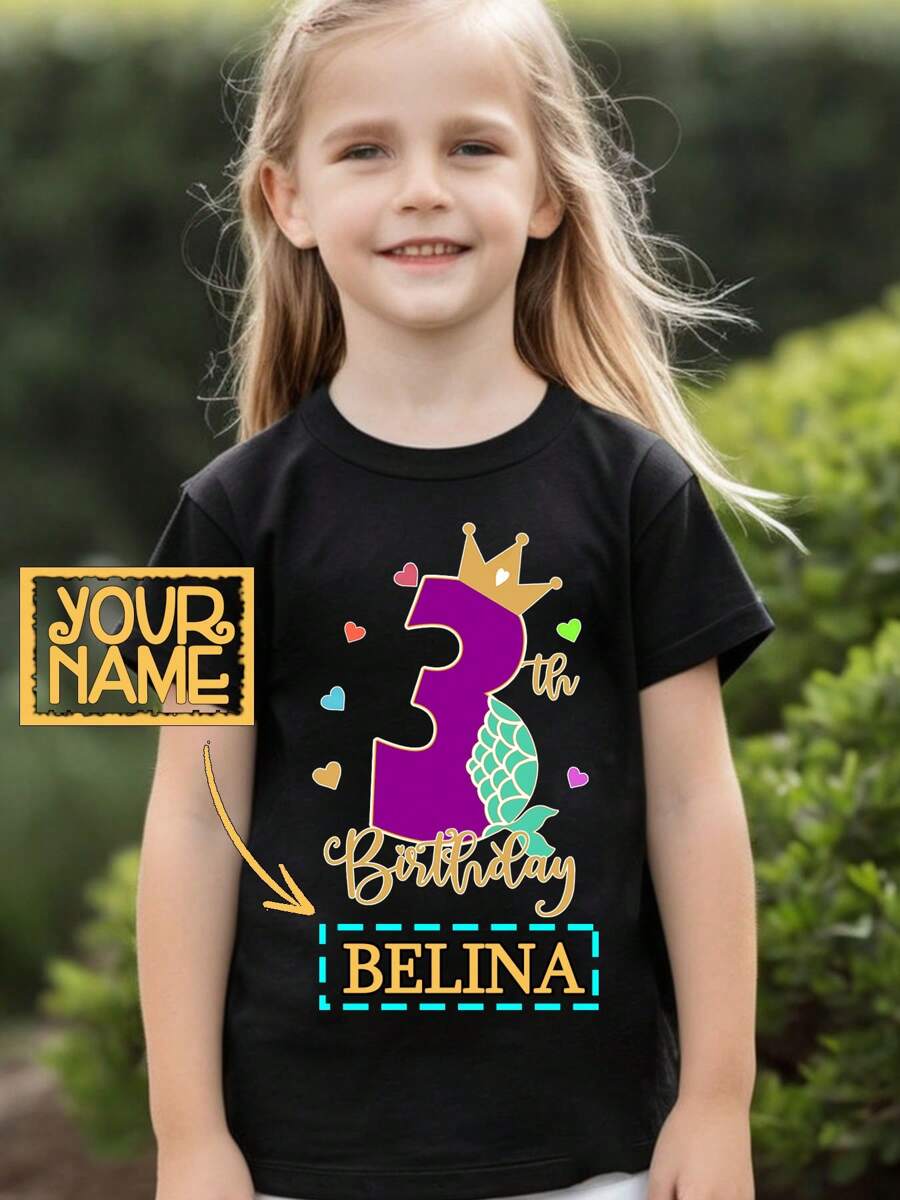Birthday Number Crown Customized Name Print Girl T-Shirt, Girls Tween Girl Sports Tops Short Sleeve, Fast Delivery, Black