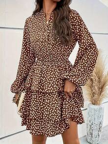 Elegant Ruffle Trim Long Sleeve Dress For Women - Brown - View 3
