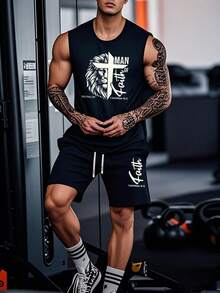 Men's Casual Street Sports Style For Spring And Summer, With A Domineering Lion And Cross Design Icon Print, Slim Fit And Thin Black Tank Top, Suitable As A Gift For Domineering Friends - Black - View 1