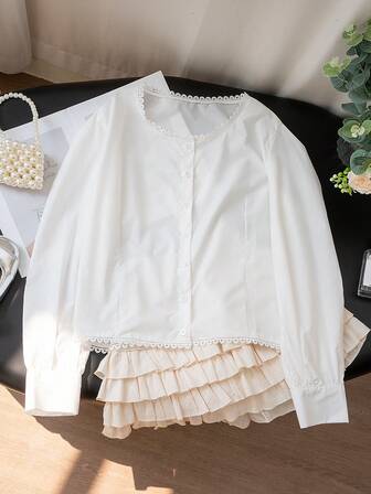 女士法式蕾丝拼布圆领休闲白色衬衫