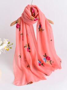1pc Elegant Floral Embroidered Linen Scarf, Fashionable Versatile Hijab/Shawl For Women, Lightweight And Windproof For Outdoor, Daily Wear