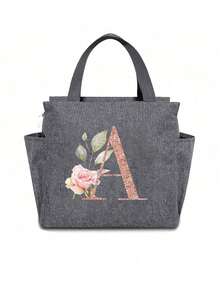 Personalized Initial Recognition Grey Insulated Lunch Bag - Canvas Thermal Lunch Tote, Zipper Closure, Large Capacity Aluminum Foil Lining, Suitable For Work And School Use, Portable Handheld Lunch Bag, Food Cooler Bag, Ideal For Work, School, Travel, And Women's Day Gift. Lightweight Reusable, Splash-Proof, Suitable For Picnics, Office, School And Outdoor Activities - Easy To Clean, Water-Resistant, Compact Design. - Grey - View 6