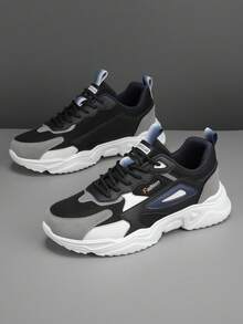 Men's Black & Gray Mesh Patchwork Design Comfortable Sneakers, Fashionable Black Casual Outdoor Sports Shoes For All Seasons