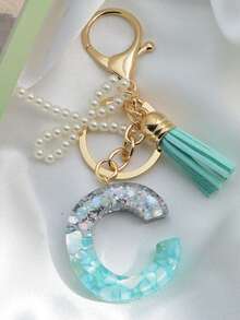 1 pièce Porte-clés avec lettre initiale, pendentif bicolore en résine, porte-clés minimaliste à la mode avec faux perle. Accessoire pour voiture, sac, sac à dos pour l'école, accessoires gothiques Y2K, idées de cadeaux pour la Fête des enseignants, Noël, accessoires pour sœur - Lac Bleu - Voir 3