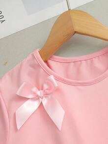 2 pezzi/set Shorts in denim con fiocco, manica corta, dolci e carini, comodi, con spacchi laterali, per l'estate