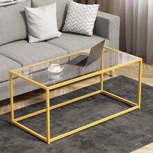 Tempered Glass Coffee Table - Minimalist Center Table For Living Room, Office - Modern Top With Sturdy Metal Frame & Open Storage - Easy Assembly, Gold - Gold - View 1
