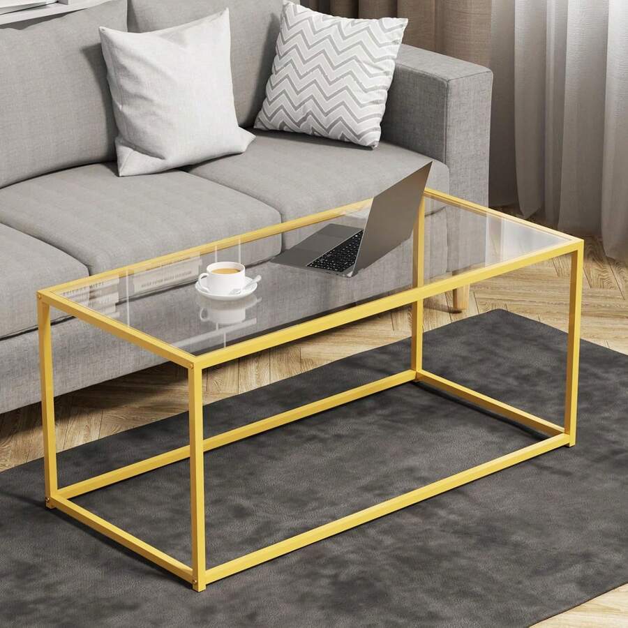 Tempered Glass Coffee Table - Minimalist Center Table For Living Room, Office - Modern Top With Sturdy Metal Frame & Open Storage - Easy Assembly, Gold - Gold - View 1