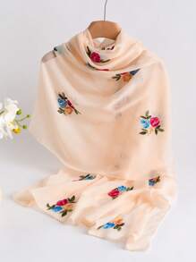 1pc Elegant Floral Embroidered Linen Scarf, Fashionable Versatile Hijab/Shawl For Women, Lightweight And Windproof For Outdoor, Daily Wear