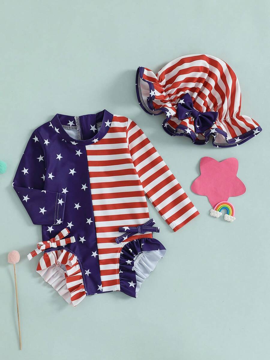 Toddler Girl Rash Guard Swimsuit 4th Of July Star Stripe Print Long Sleeve Mock Neck Ruffled Bathing Suit With Hat - Blue - View 1