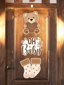 一套棕熊生日主题纸质门挂装饰，棕熊“Oh Babe”图案，适用于生日主题派对、性别揭晓派对、创意礼物派对背景门挂装饰、户外摄影装饰、生日派对拍照道具纸质门挂装饰 - 棕色小熊 - 查看 8
