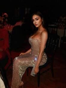 Shiny Rhinestone Decorated Spaghetti Strap Party Evening Dress, Fashion Celebrity Party Prom Gown Wedding, Wedding Guest Dress, Formal Dress - Apricot - View 5