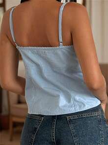 Women's Bow Cami Tank Tops Summer Sleeveless V Neckline Camisole Plain Tank Tops - Màu xanh nhạt - Xem 4