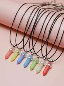 7pcs Multicolor Glow-In-The-Dark Resin Inlaid Star Hexagonal Column Pendant Necklace Set, Suitable As Valentine's Day, Friends, Daily Wear Gift