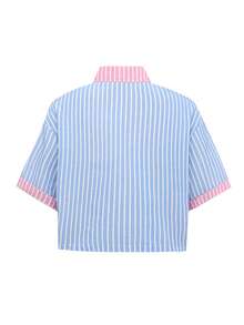 女士拼色条纹宽松休闲短袖衬衫