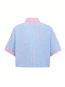 Women Patchwork Color Stripe Loose Casual Short Sleeve Shirt Blouse