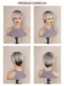 1pc Women Short Layered Pixie Wig With Bangs, Mixed Gray&White Highlight Synthetic Hair Wig, 10 Inch Mixed Light Brown Highlight Wig, Suitable For Daily Wear & Party