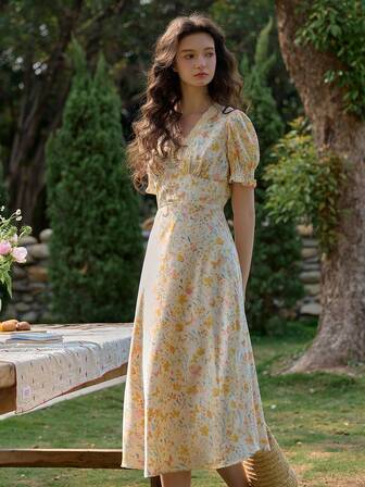 Simple Retro Spring-Summer V-Neck Woven Dress With Lace-Up Detail And Small Floral Print, Short Sleeves