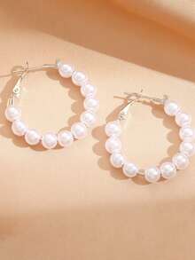 1 Pair Elegant Round Pearl Hoop Earrings, Summer Pearl C-Shape Dangle Earrings, In Stock - Multicolor - View 6