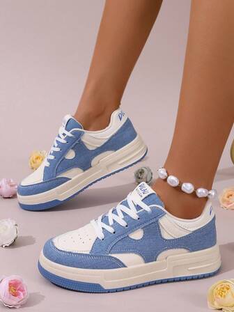 Women's Thick Sole Color Block Casual Sneakers, College Style Lace-Up Lightweight Breathable Sport Shoes
