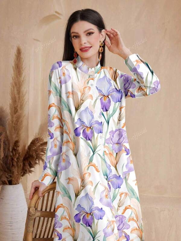 Vestido de manga larga con estampado floral de narcisos, cuello alto y holgado para mujer, primavera