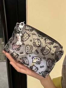 Sanrio 1pc Kitty Flocked & Mesh Portable Cosmetic Bag, Large Capacity Makeup Storage Pouch, Practical For Outdoor Use