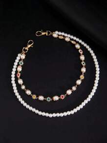 1pc Men's Double Layer Alloy Pants Chain, Faux Pearl & Rhinestone Floral Charm Chain, Suitable For Daily Wear And Parties
